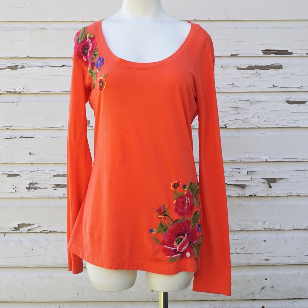 Johnny Was Long Sleeve Floral Embroider Orange Top